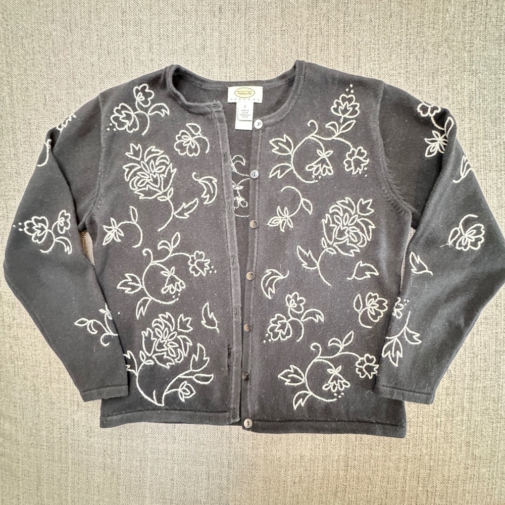 Talbots Petites Black Floral Embroidered Cotton Cardigan Sweater Small Petite